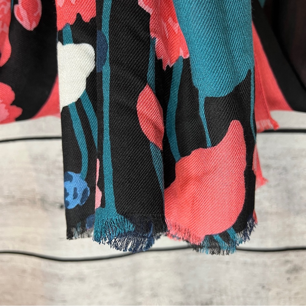 Kate Spade Viney Floral Scarf Black Coral Pink Green Blue Shawl - Picture 7 of 10